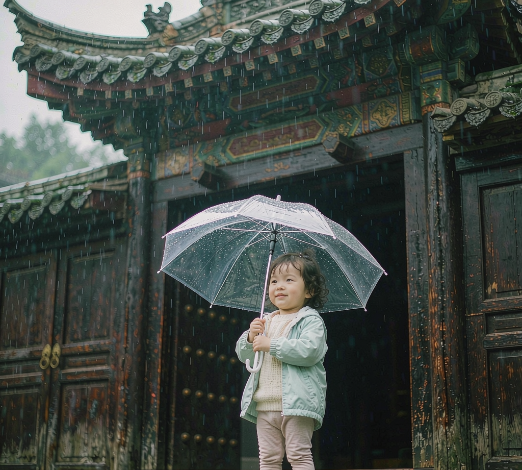 朵朵撑透明雨伞站在古寺门前